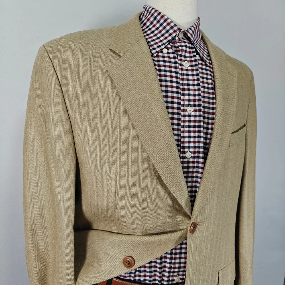 Kasper Men's Sport Coat Blazer‎ Two Button Beige Herringbone Silk Wool Size 44L